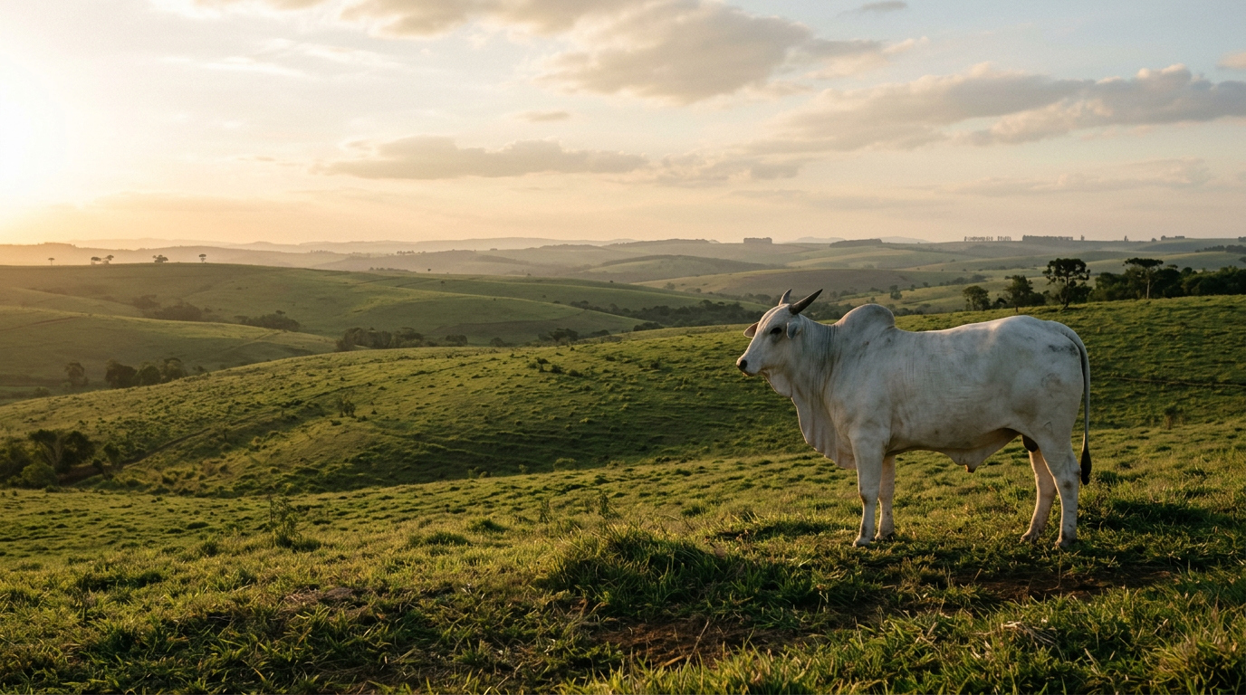 Touro nelore solitário em pasto ao entardecer, representando ciclo produtivo longo