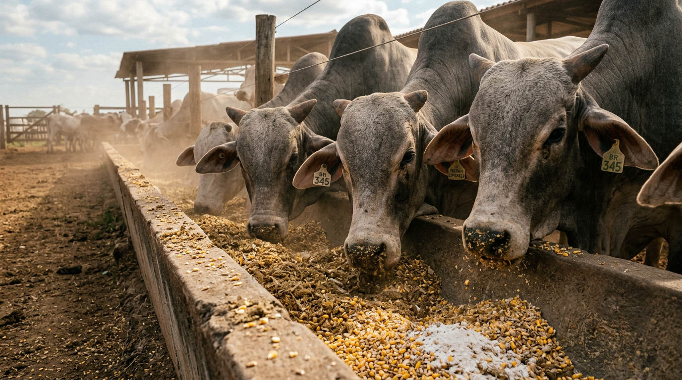 Gado nelore se alimentando em cocho de concreto em fazenda do interior paulista
