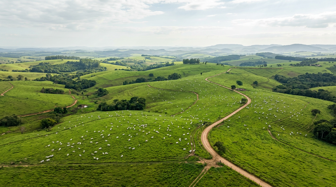 Vista aérea de pasto verde exuberante com gado nelore disperso no interior de São Paulo