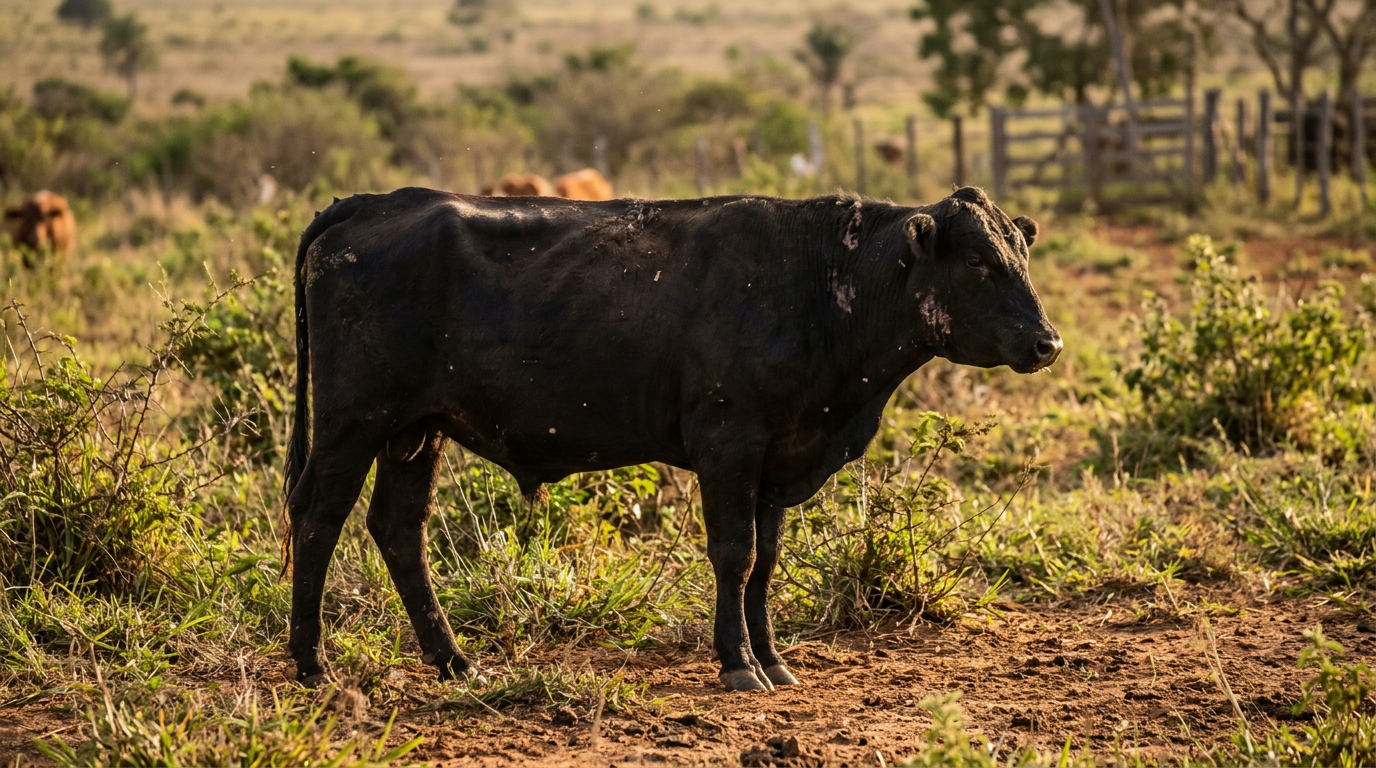 Boi Angus no pasto brasileiro, representando o gado europeu suscetível a desequilíbrios na flora ruminal