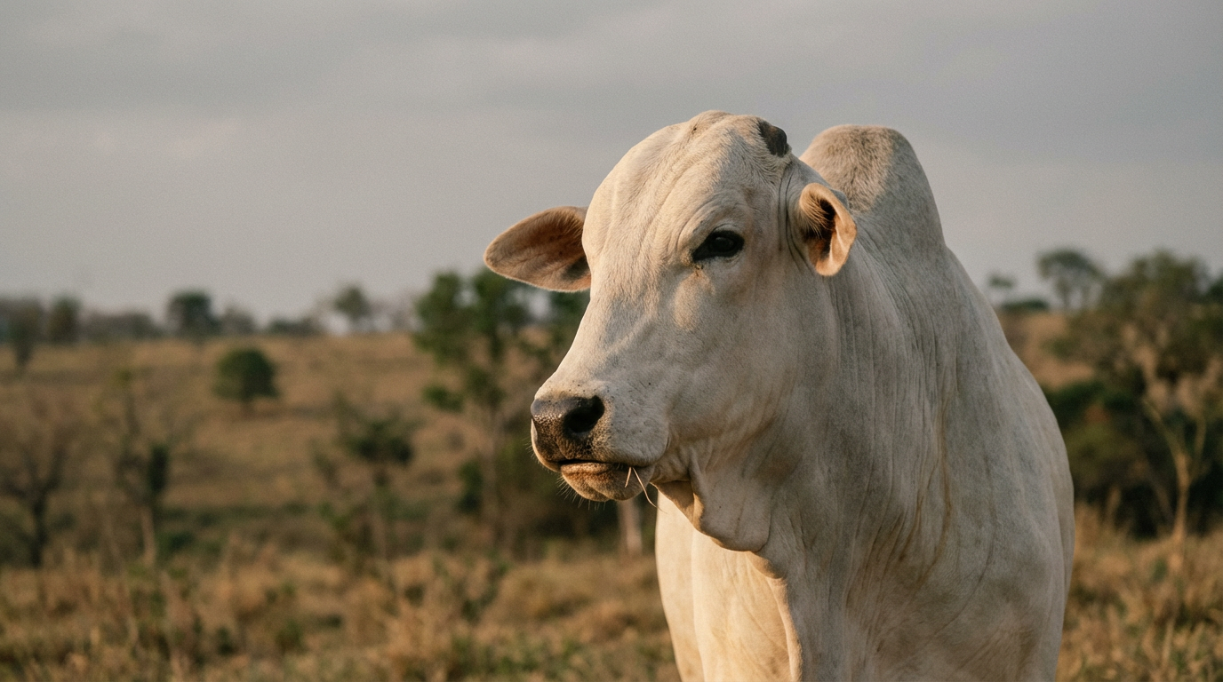 Touro nelore brasileiro em pasto, ruminando calmamente, representando o processo digestivo invisível que define o desempenho do animal