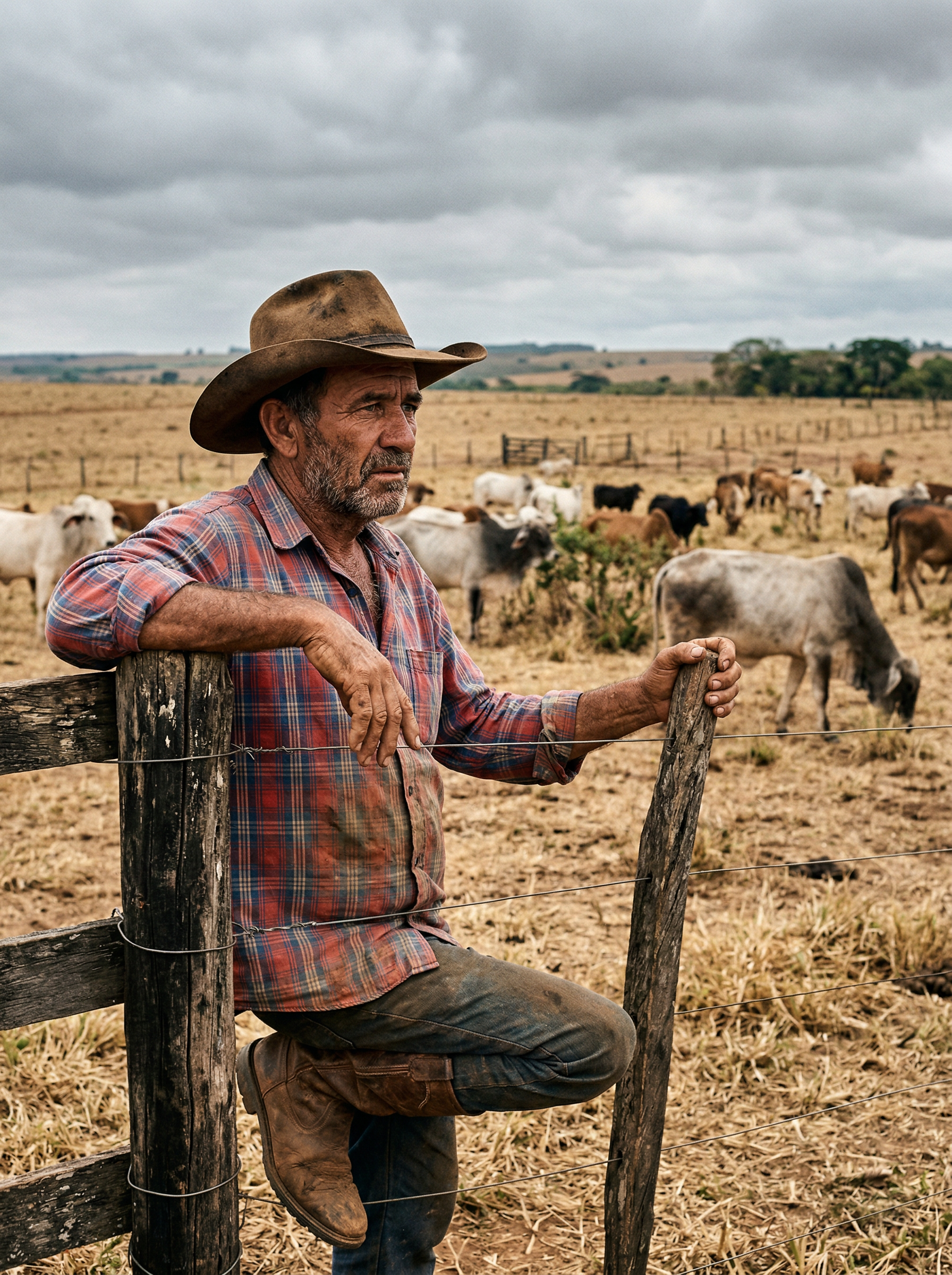 Produtor preocupado olhando para o pasto